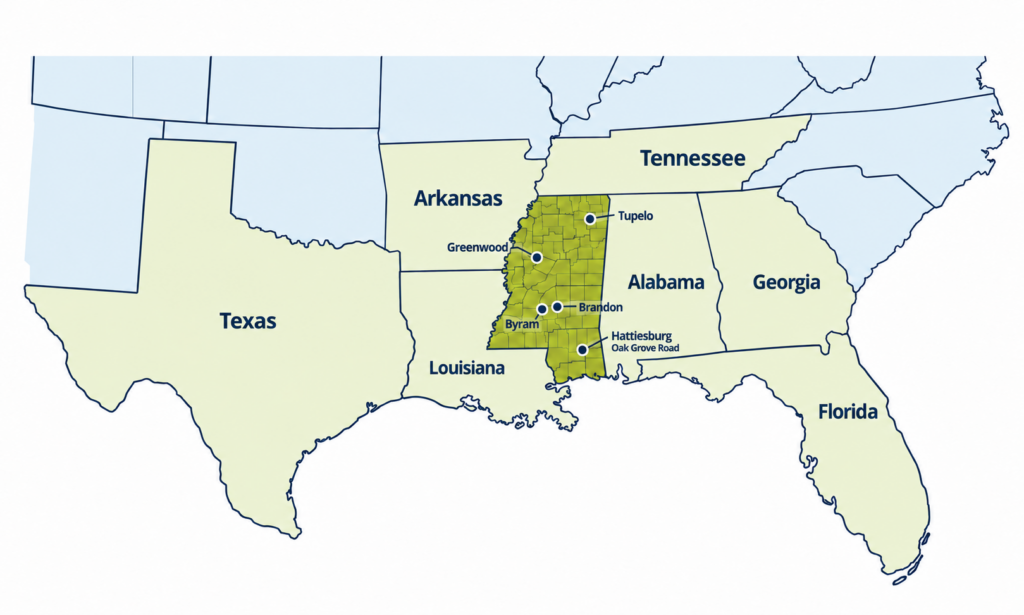 Regional map highlighting Mississippi and Nowell Agency office locations.